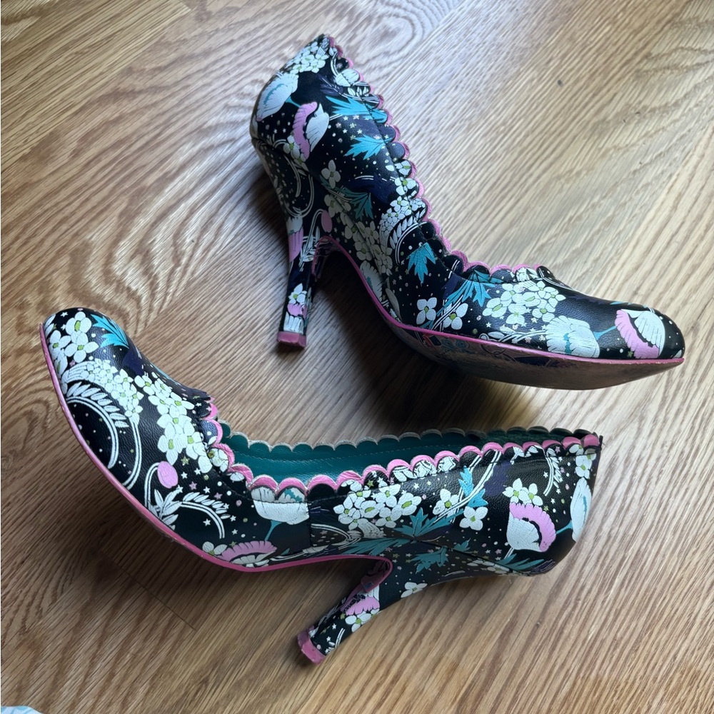 Irregular Choice Black Heels with Pink and White Floral Design